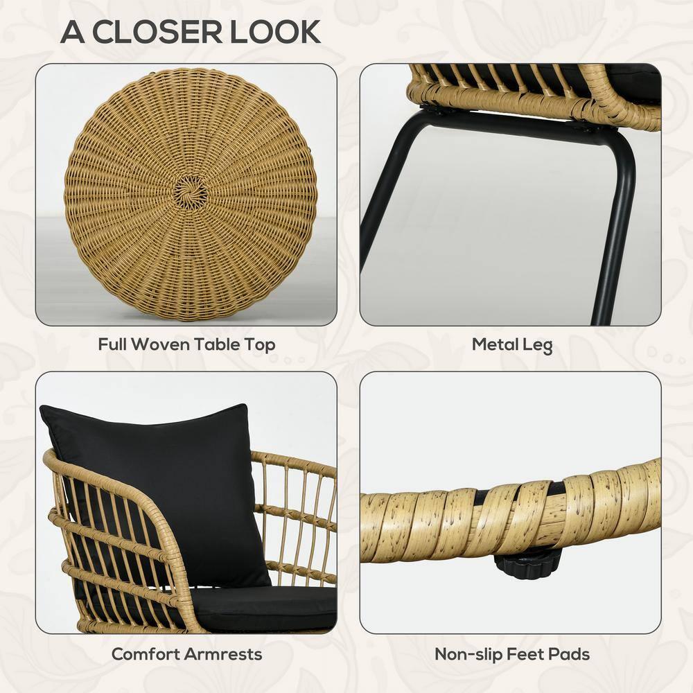 Outsunny 5 Piece PE Rattan Outdoor Furniture Set with Cushioned Chairs, Loveseat Sofa & Stackable Coffee Tables, Black