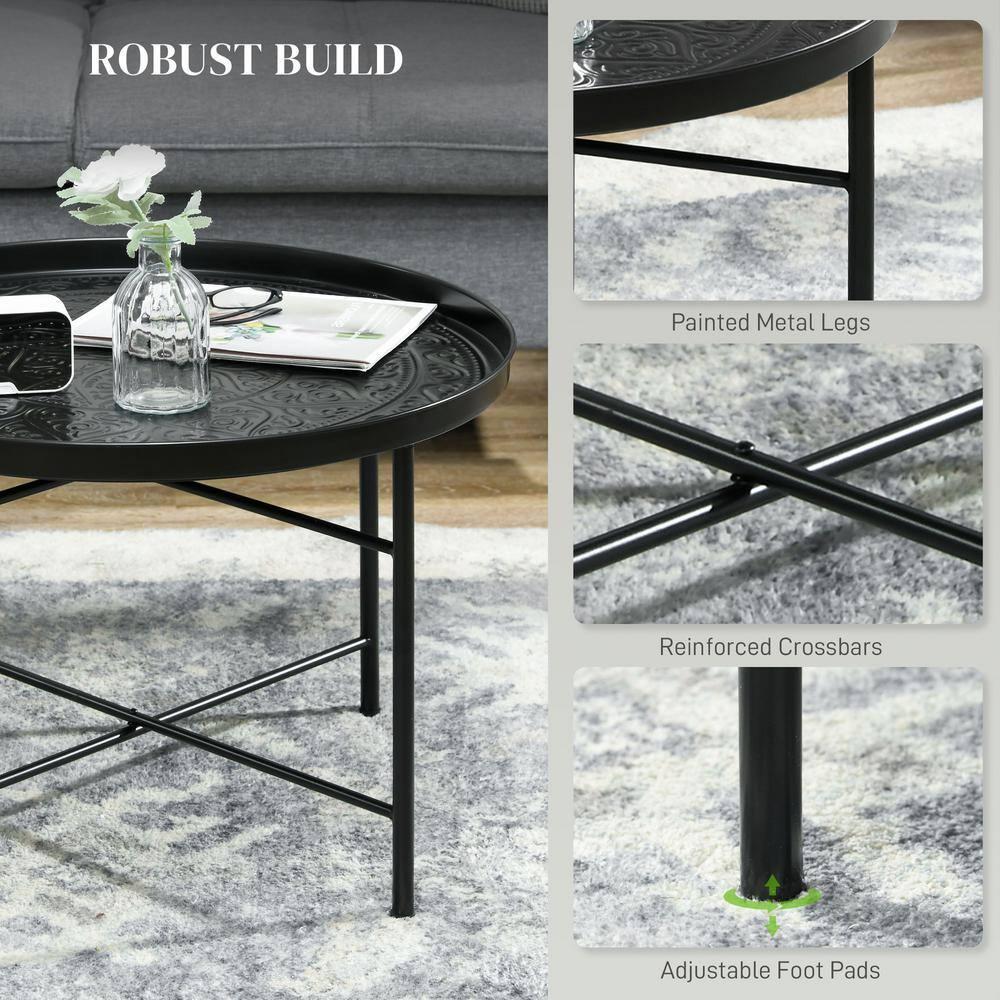 HOMCOM 24" Round Coffee Table with Hammered Tray Top, Vintage Metal Center Table for Living Room, Bedroom, Side Table, Black