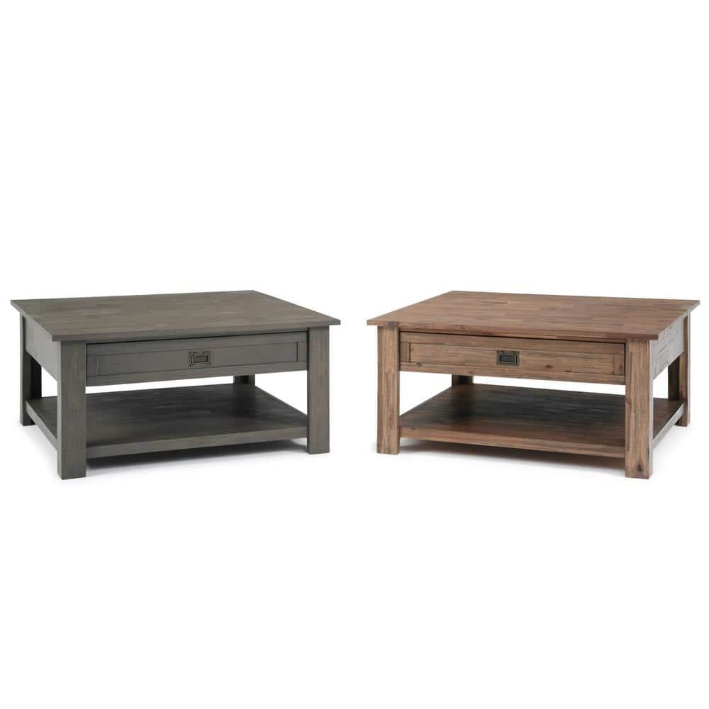 Simpli Home Monroe 38"W Solid Acacia Rustic Square Coffee Table with Large Drawer and Open Shelf