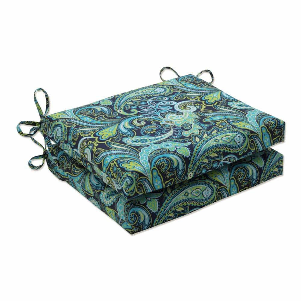 2pk Outdoor Square Edge Seat Cushion Set - Navy/Turqouise/Paisley - Pillow Perfect: Weather-Resistant with Ties, Zippered