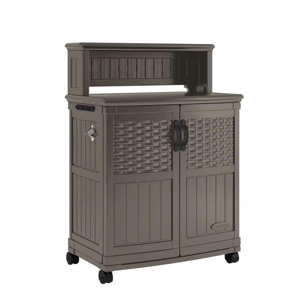 Suncast Patio Plastic Storage and Prep Station with Wicker Pattern, Stoney Gray