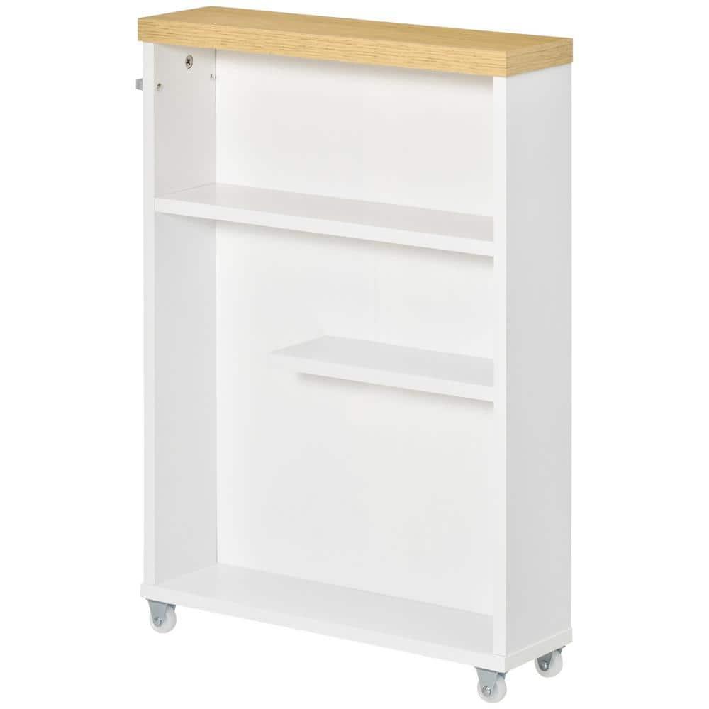 kleankin Slim Bathroom Cabinet with Castor Wheels Storage Organizer and Wood Shelves To Fit In Small Spaces, White