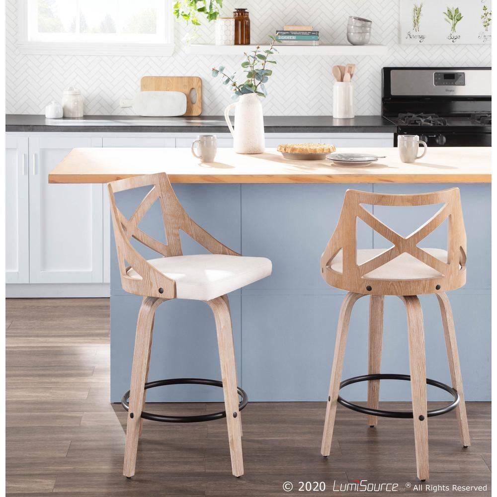 LumiSource White Washed Wood, Black Metal, Cream Fabric Charlotte Counter Stool - Set of 2