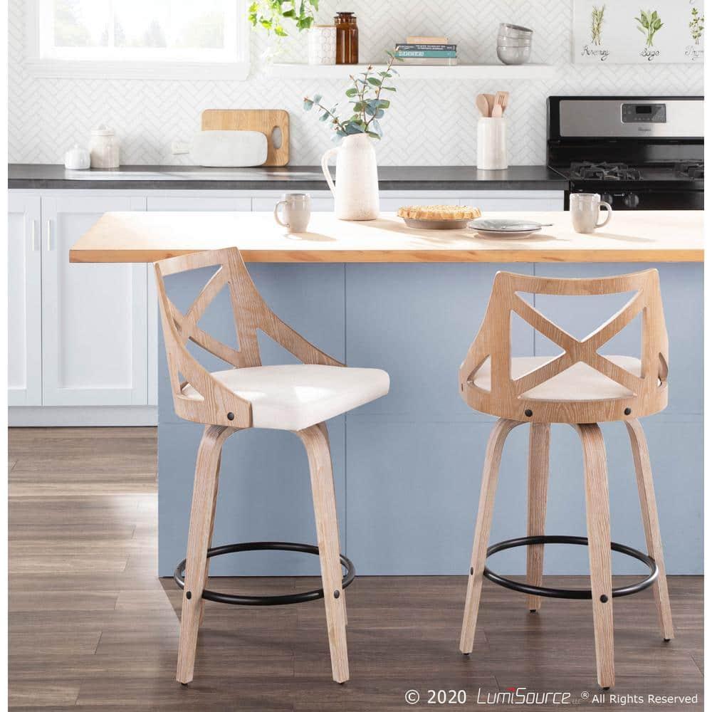 LumiSource White Washed Wood, Black Metal, Cream Fabric Charlotte Counter Stool - Set of 2