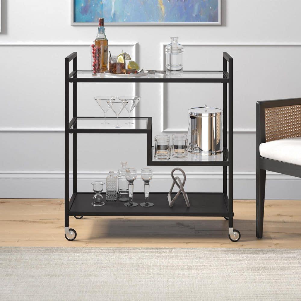 Evelyn&Zoe Lovett 33" Wide Rectangular Bar Cart with Glass and Metal Shelves, Blackened Bronze