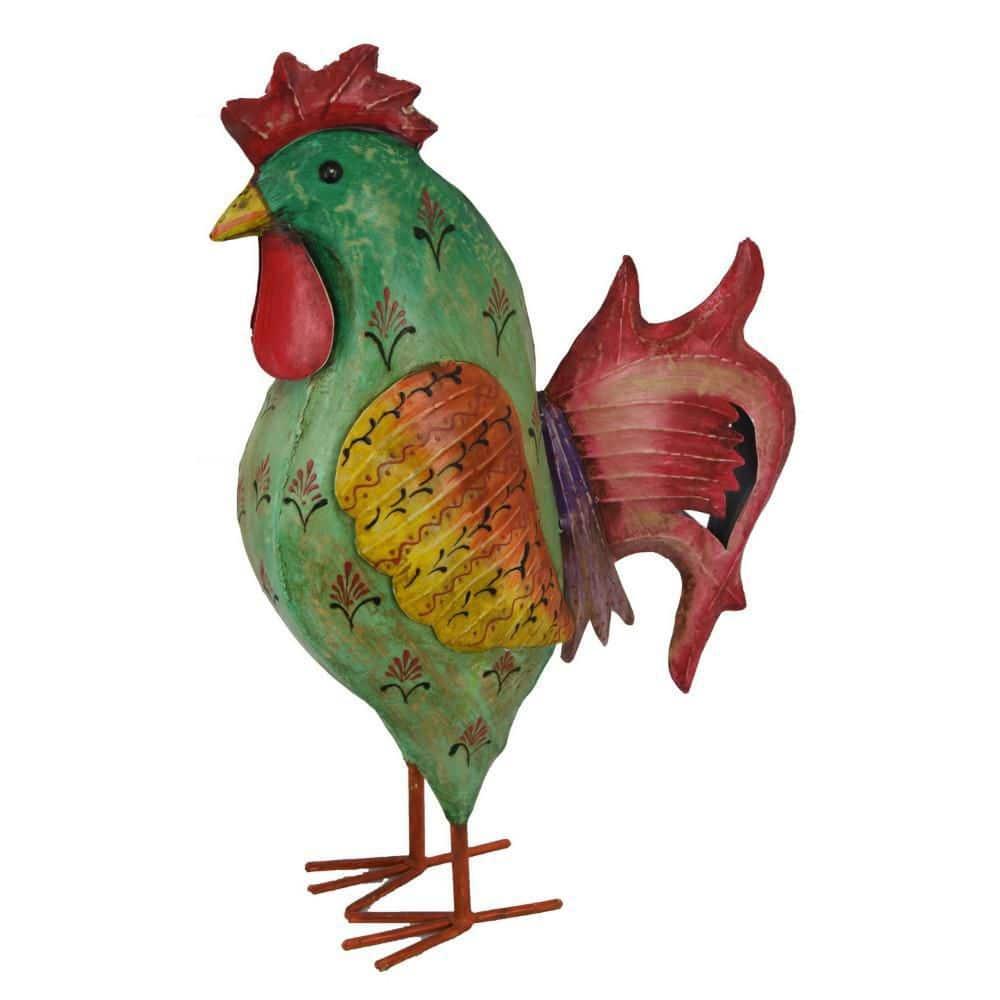 Benjara Rookie Painted Rooster, Garden Decor, Green Red Yellow Metal, 26 Inch