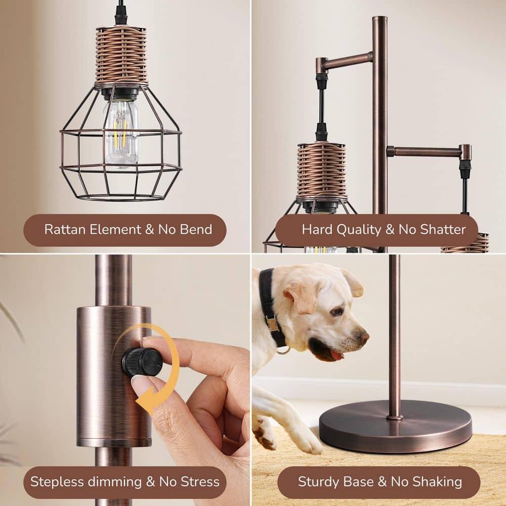 EDISHINE Dimmable Rustic Floor Lamp, Farmhouse Standing Lamp with 3 LED Edison Bulbs, Rattan Design Floor Lamps for Living Room, Bedroom, Reading Corner, Office, Electroplated Brushed Red Copper