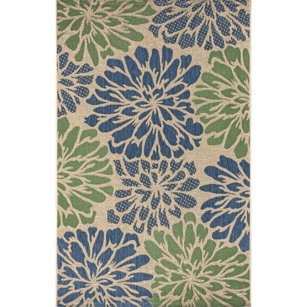 9' X 12' Zinnia Modern Floral Textured Weave Indoor/Outdoor Area Rug, Navy/Green - JONATHAN Y