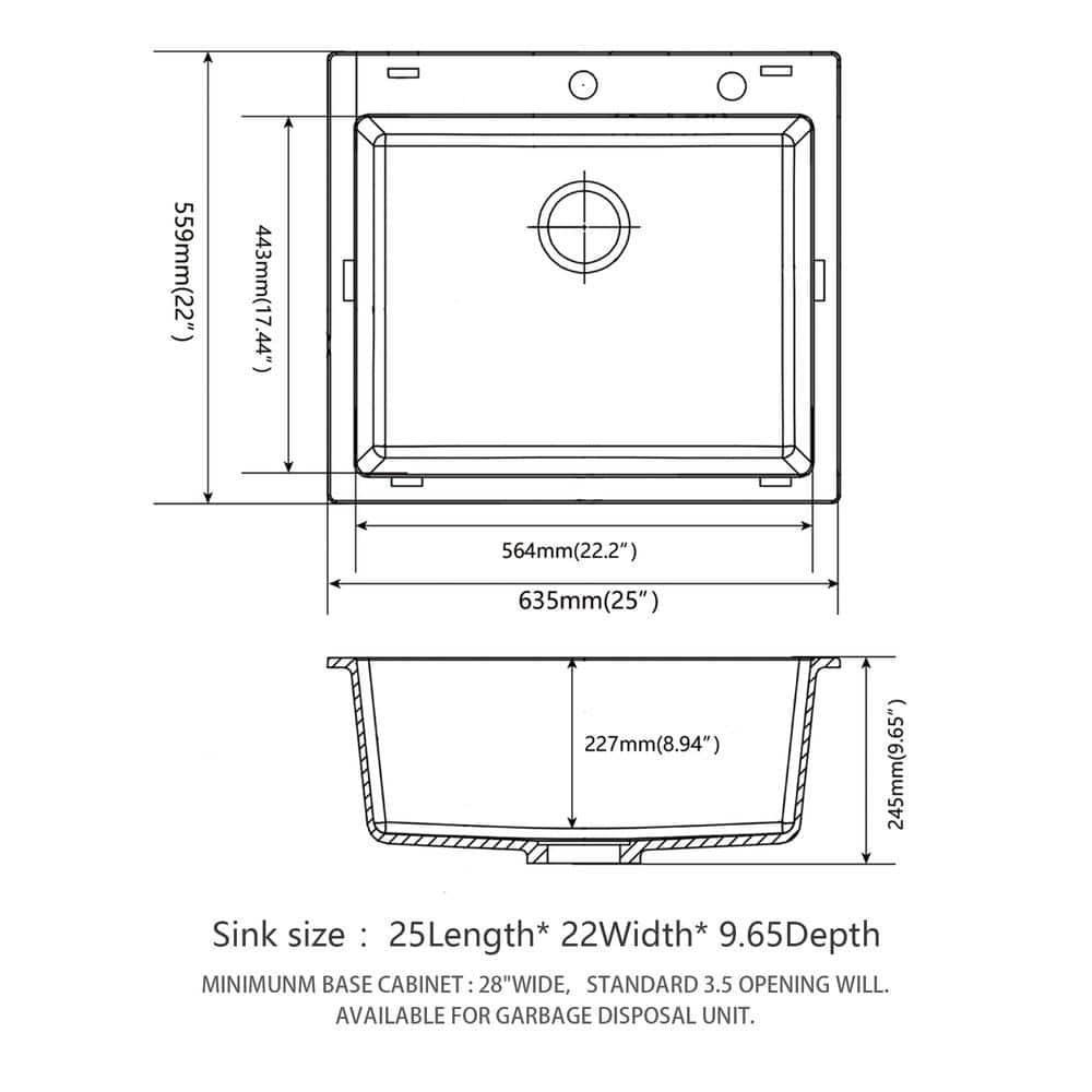 Quartz Kitchen Sink - 25X22" Black Granite Composite Drop In Kitchen Sink