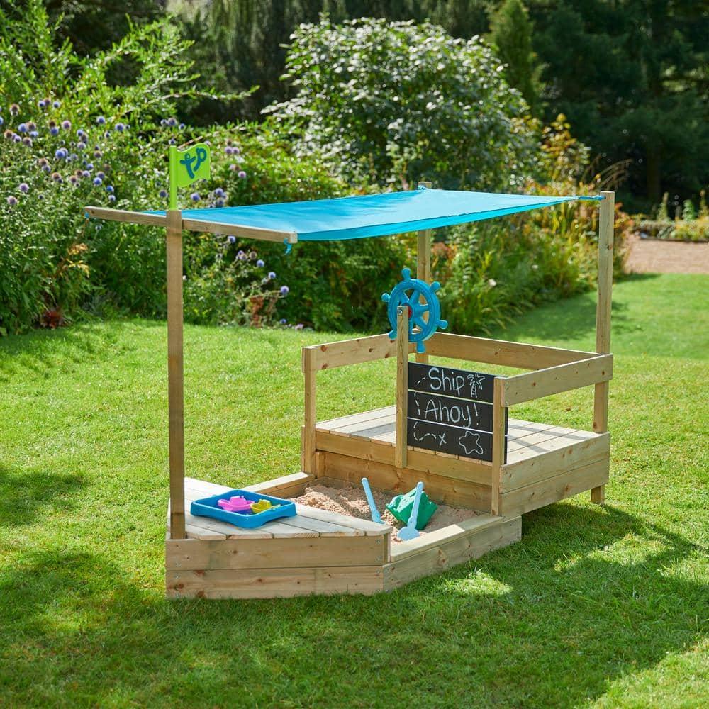 TP Ahoy Wooden Sandbox Pirate Ship Play Boat with Canopy – Kids Outdoor Sand & Water Toy with Captain’s Wheel, Blackboard, Splash Bowl & Storage | FSC Certified | Compact & Space-Saving Design