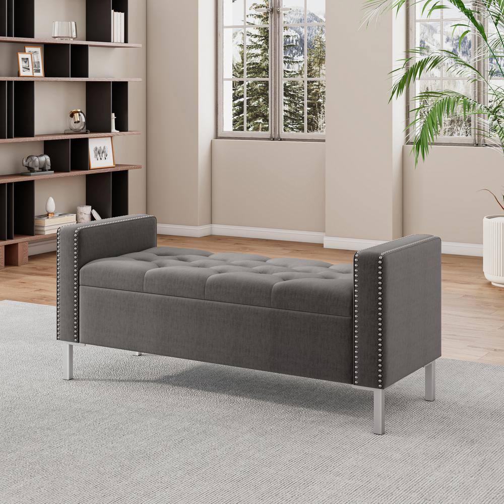 Square Arm Tufted Top Storage Ottoman with Pewter Nailhead Trim in Plush Velvet