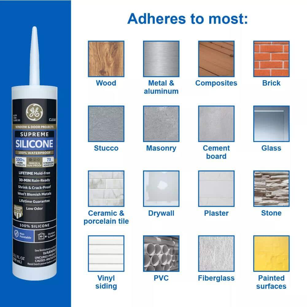 GE Supreme Silicone Window & Door Sealant, Pack of 1, Clear 10.1 fl oz Cartridge
