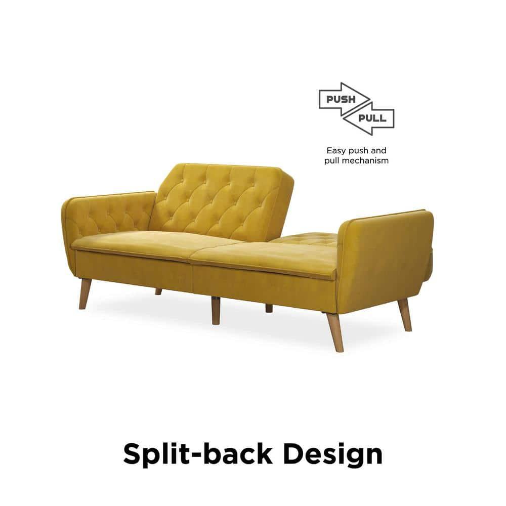 Tallulah Memory Foam Futon and Sofa Bed Mustard Yellow - Novogratz: Velvet Upholstery, Split-Back Design, Wooden Legs