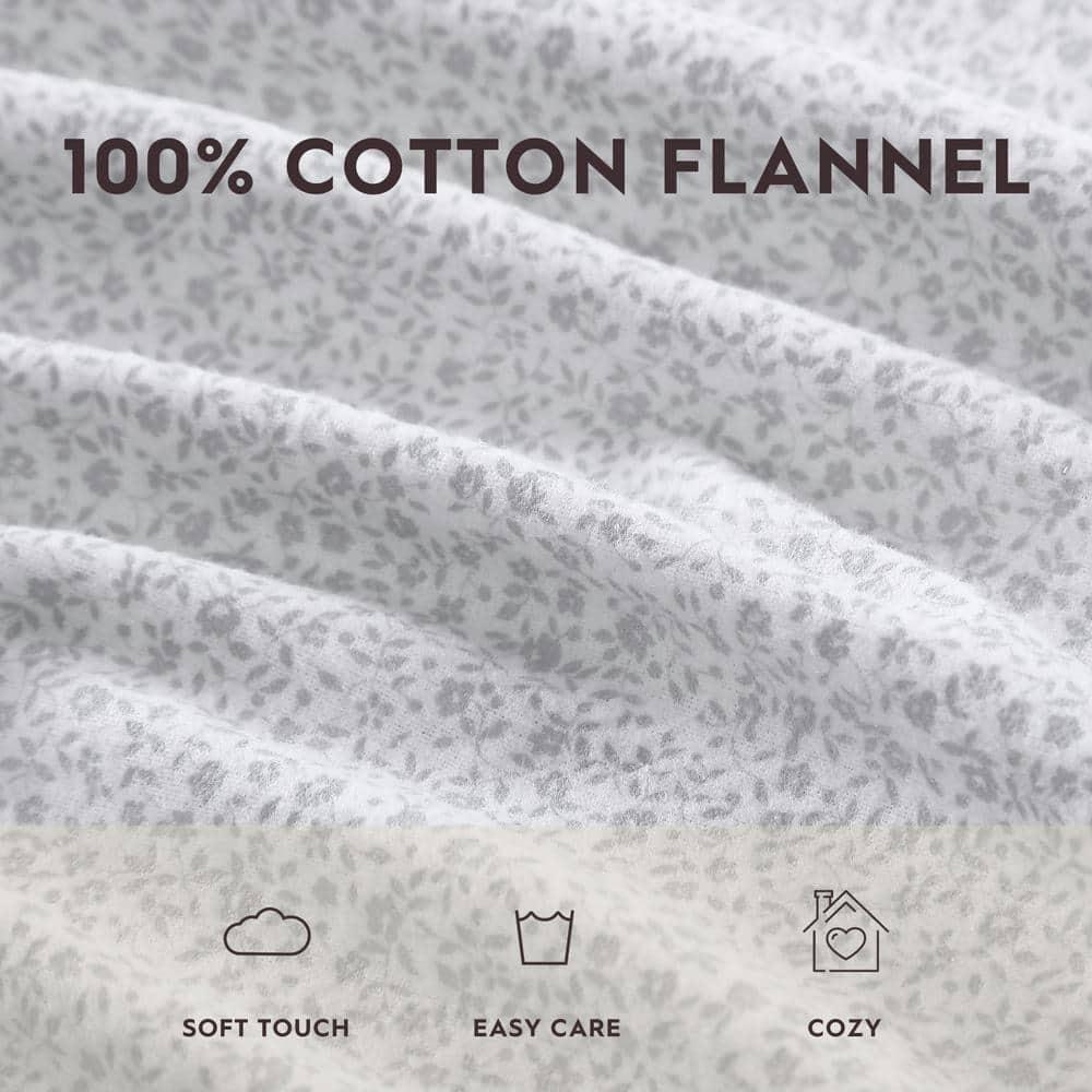 Laura Ashley Chelsie Vine 100% Cotton Flannel- 4 Piece- Sheet Set  Grey- Full