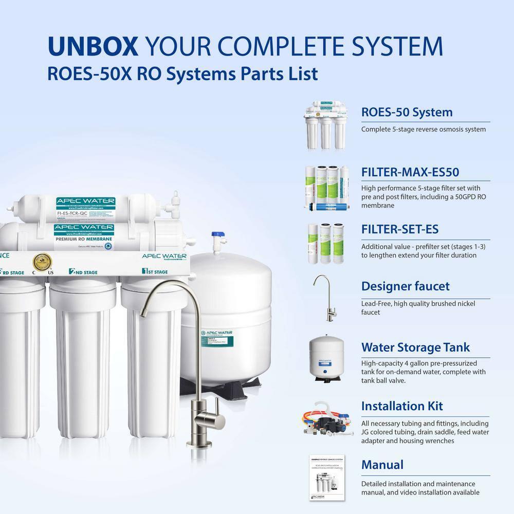 APEC Water Systems ROES-50 Essence Series Top Tier 5-Stage WQA Certified Ultra Safe Reverse Osmosis Drinking Water Filter System with Extra High Capacity Pre-Filter Set Stage 1-3 RO Value Bundle
