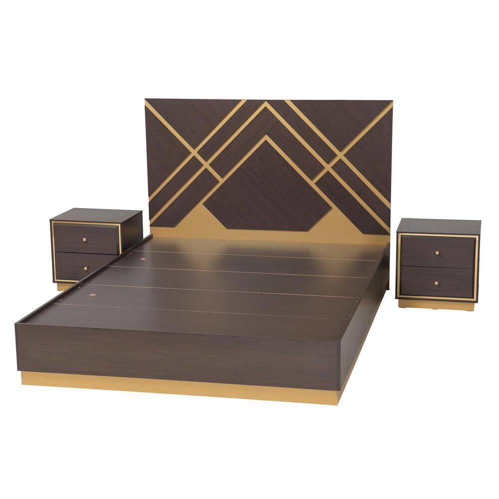 Baxton Studio Arcelia Dark Brown and Gold Wood Queen Size 3-Piece Bedroom Set