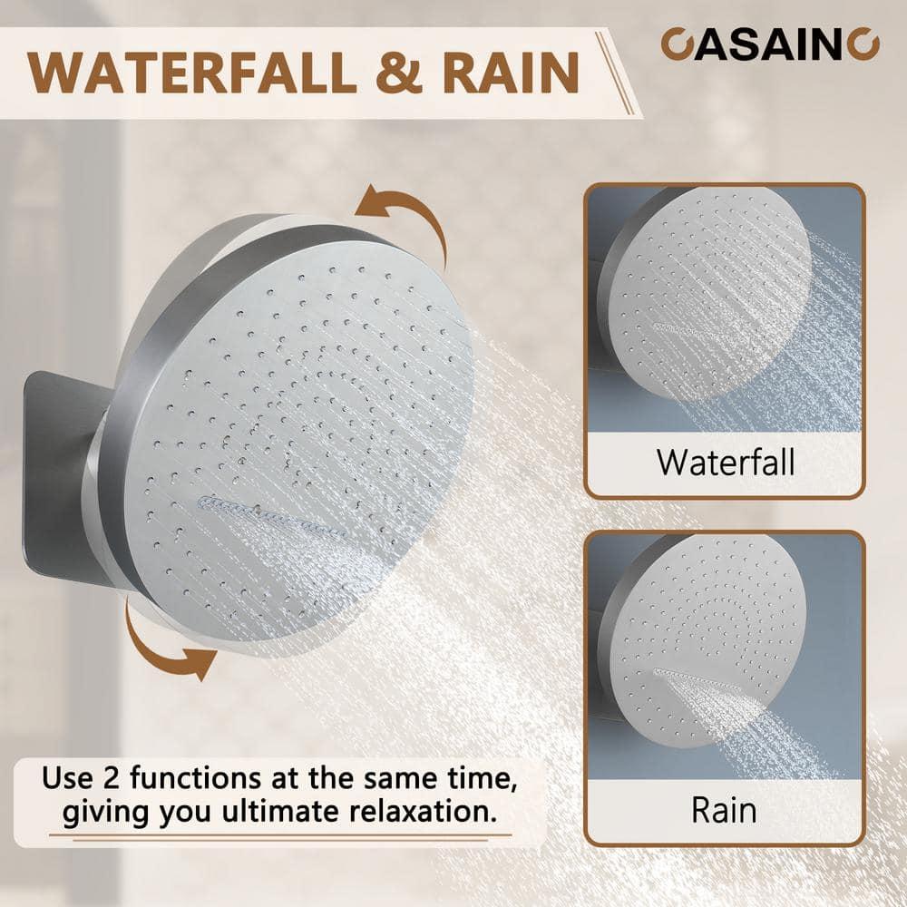 Rainfall Thermostatic Shower System with Body Jets, 2-Sprays Shower Head and a Shelf