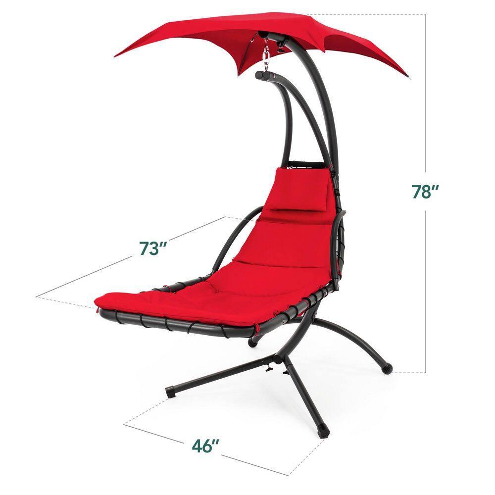 Best Choice Products Hanging LED-Lit Curved Chaise Lounge Chair for Backyard, Patio w/ Pillow, Canopy, Stand - Red