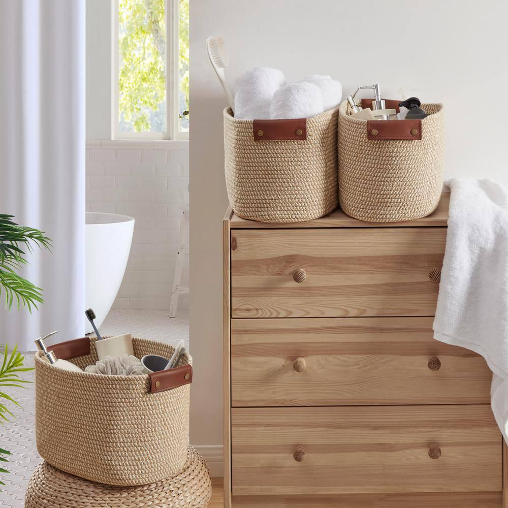 Ornavo Home 3 Pack Cotton Rope Shelf Storage Basket with Faux Leather Handles - Multi Brown