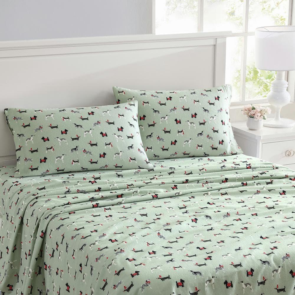 Holiday Pups Green Cotton Flannel Full Sheet Set