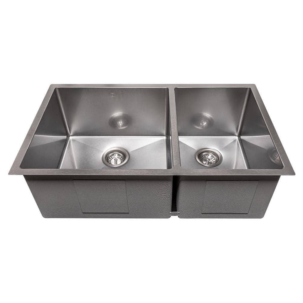 ZLINE 33 in. Chamonix Undermount Double Bowl DuraSnow Stainless Steel Kitchen Sink W/ Bottom Grid (SR60D-33S)