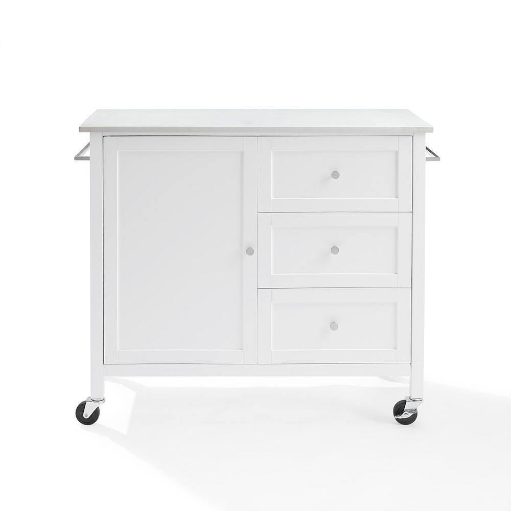 Crosley Soren Stone Top Kitchen Island/Cart White: Rolling Cart with Storage, 2 Shelves, 3 Drawers, Traditional Style