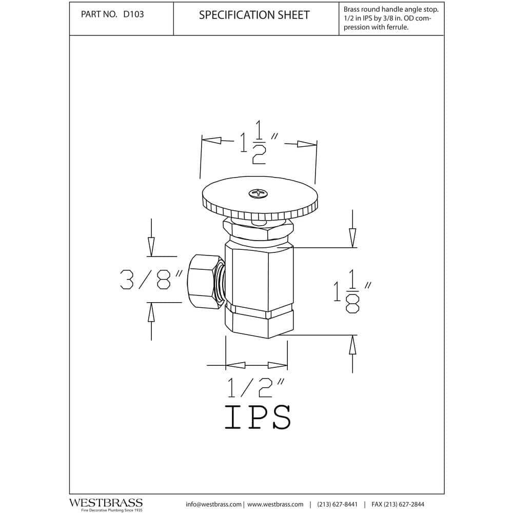 Round Handle Angle Stop Shut Off Valve, 1/2" IPS Inlet with 3/8" Compression Outlet
