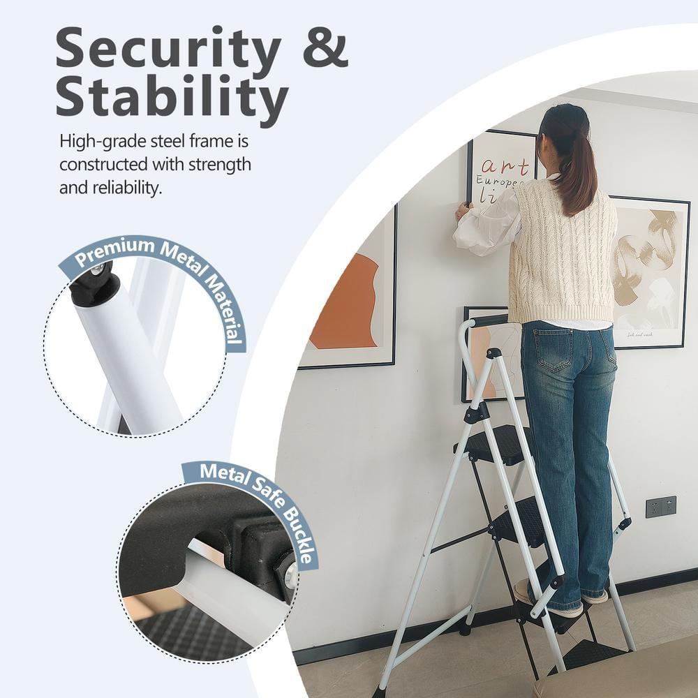 White Four-Step Ladder, Light Folding Four-Step Stool, Wide Anti-Skid Pedal and Safety Handle, Strong Steel Ladder, Multi-Purpose Ladder, Applicable to Family, Kitchen, Office Elevator