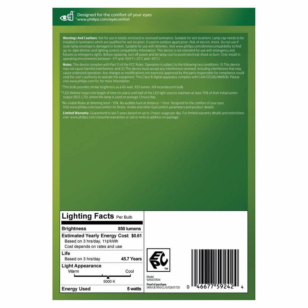 Philips Ultra Efficient LED 60-Watt A19 Light Bulb, Daylight, Clear, Dimmable, E26 Base (4-Pack)
