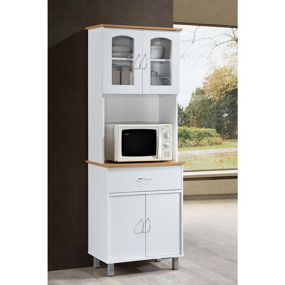 HODEDAH IMPORT Long Standing Kitchen Cabinet with Top & Bottom Enclosed Cabinet Space, One Drawer, Large Open Space for Microwave, White