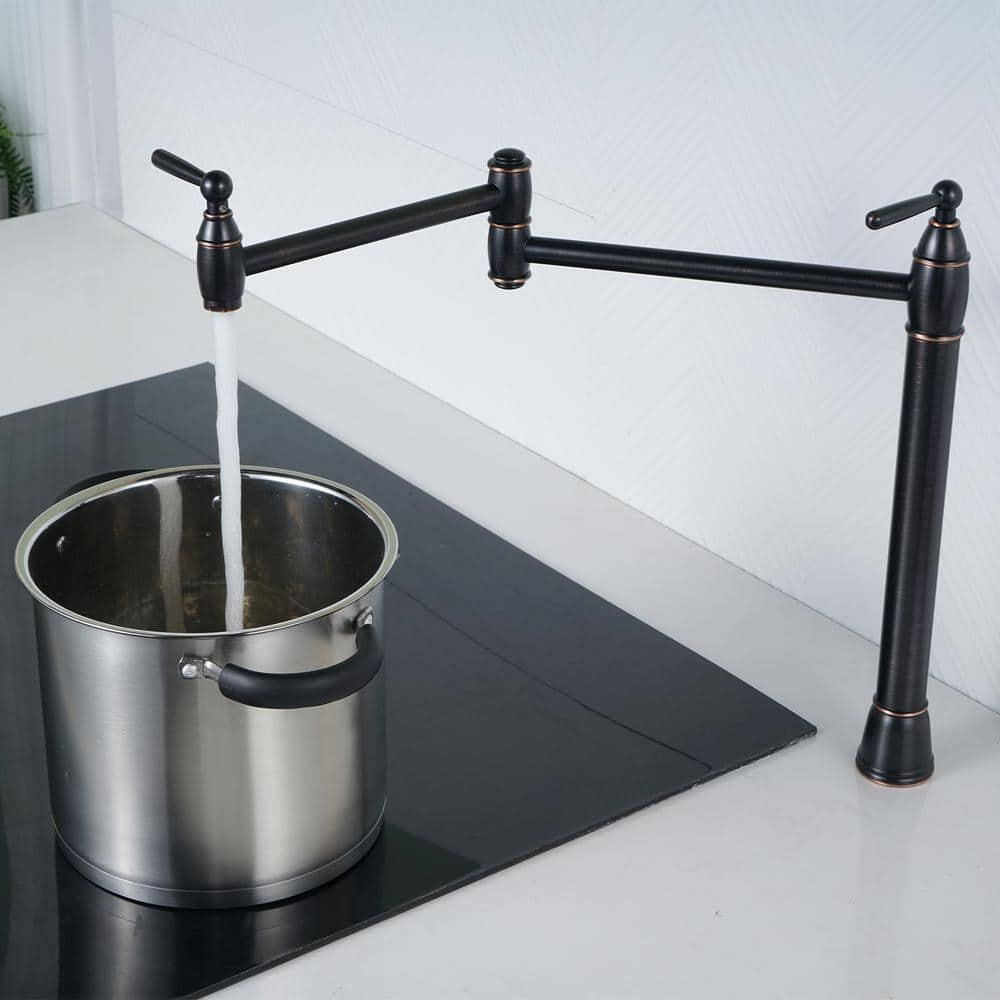 Pot Filler Deck Mount, WOWOW Pot Filler Faucet Oil Rubbed Bronze Kitchen Folding Countertop Faucet 2 Handle with Stretchable Double Joint Swing Arms Brass Stove Faucet