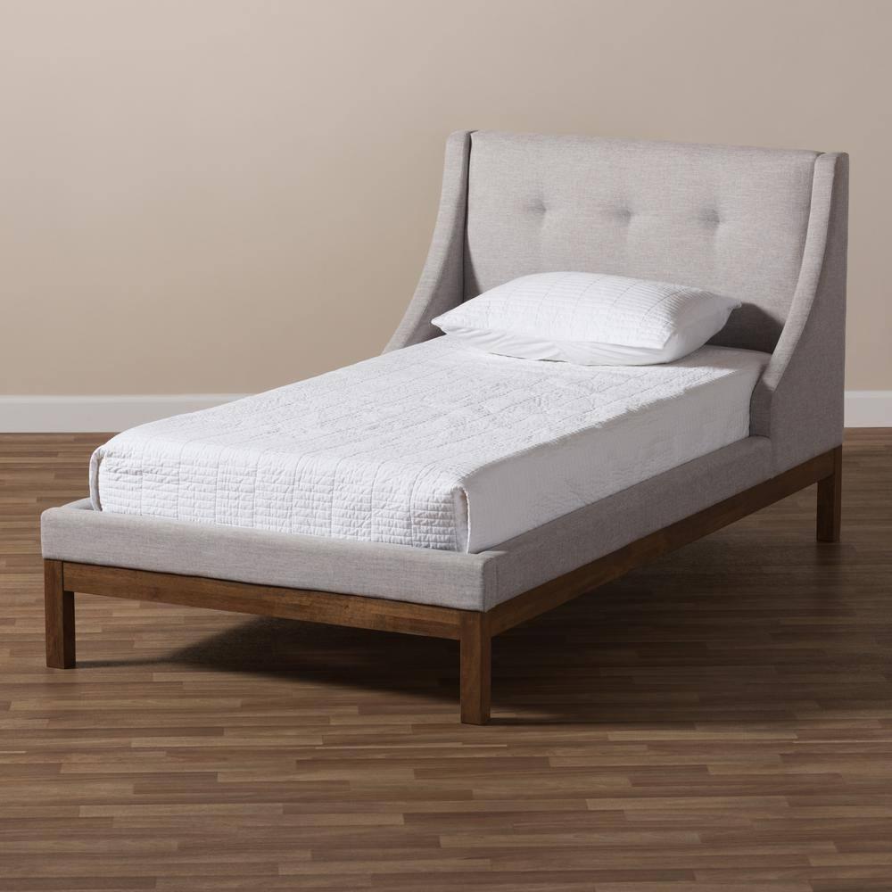 Louvain Modern and Contemporary Fabric Upholstered Walnut - Finished Platform Bed Grayish Beige - Baxton Studio