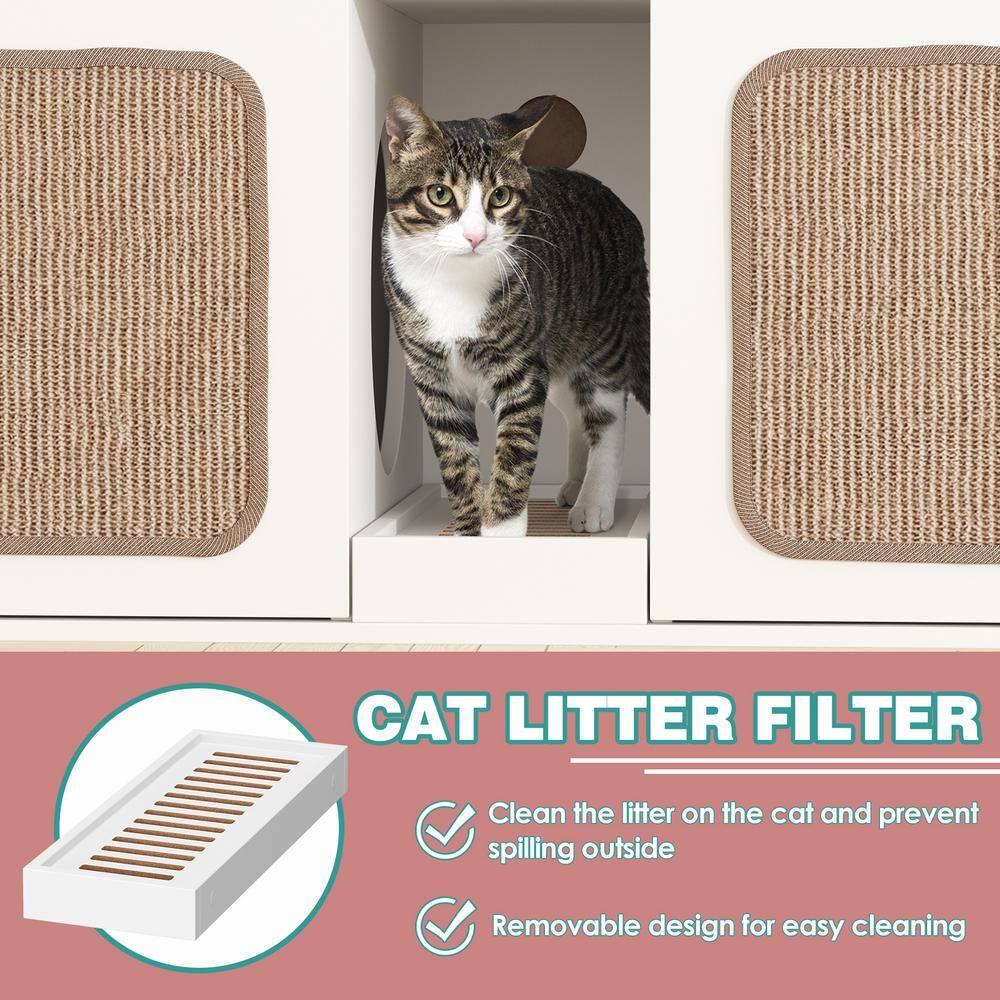 Wooden Hidden Cat Litter Box with 2 Sisal Doors, Litter Box Enclosure Washroom Storage Cabinet Bench End Table