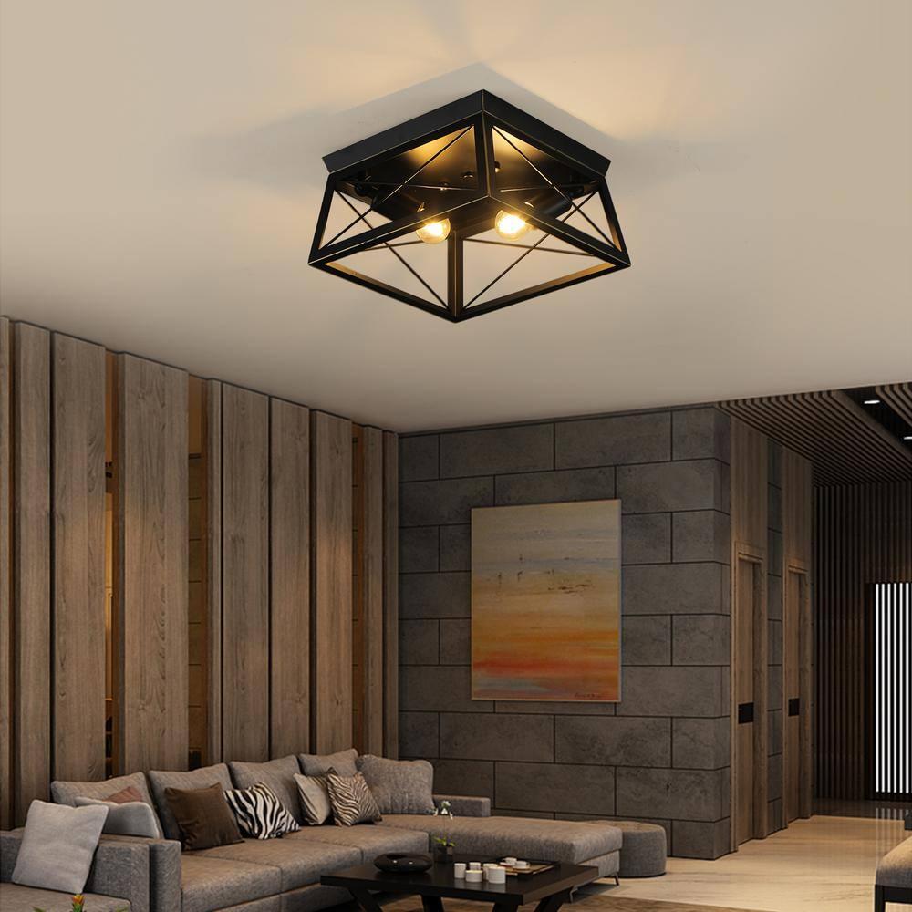 Progress Lighting, Briarwood, 2-Light Flush Mount, Textured Black, Faux-Painted Wood Enclosure