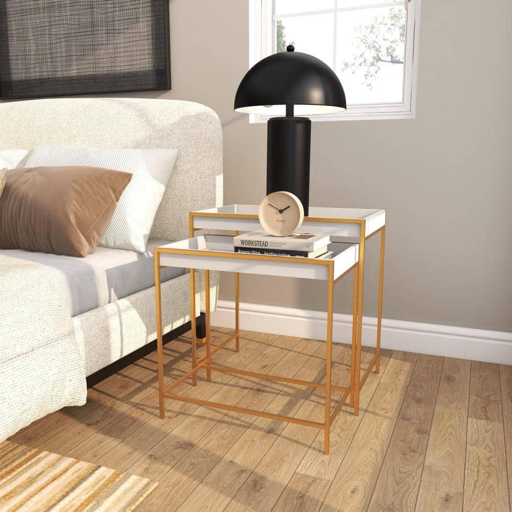 Mercer41 Blaine Wooden Nesting Tray Top Geometric Side End White Accent Table with Gold Metal Legs Set