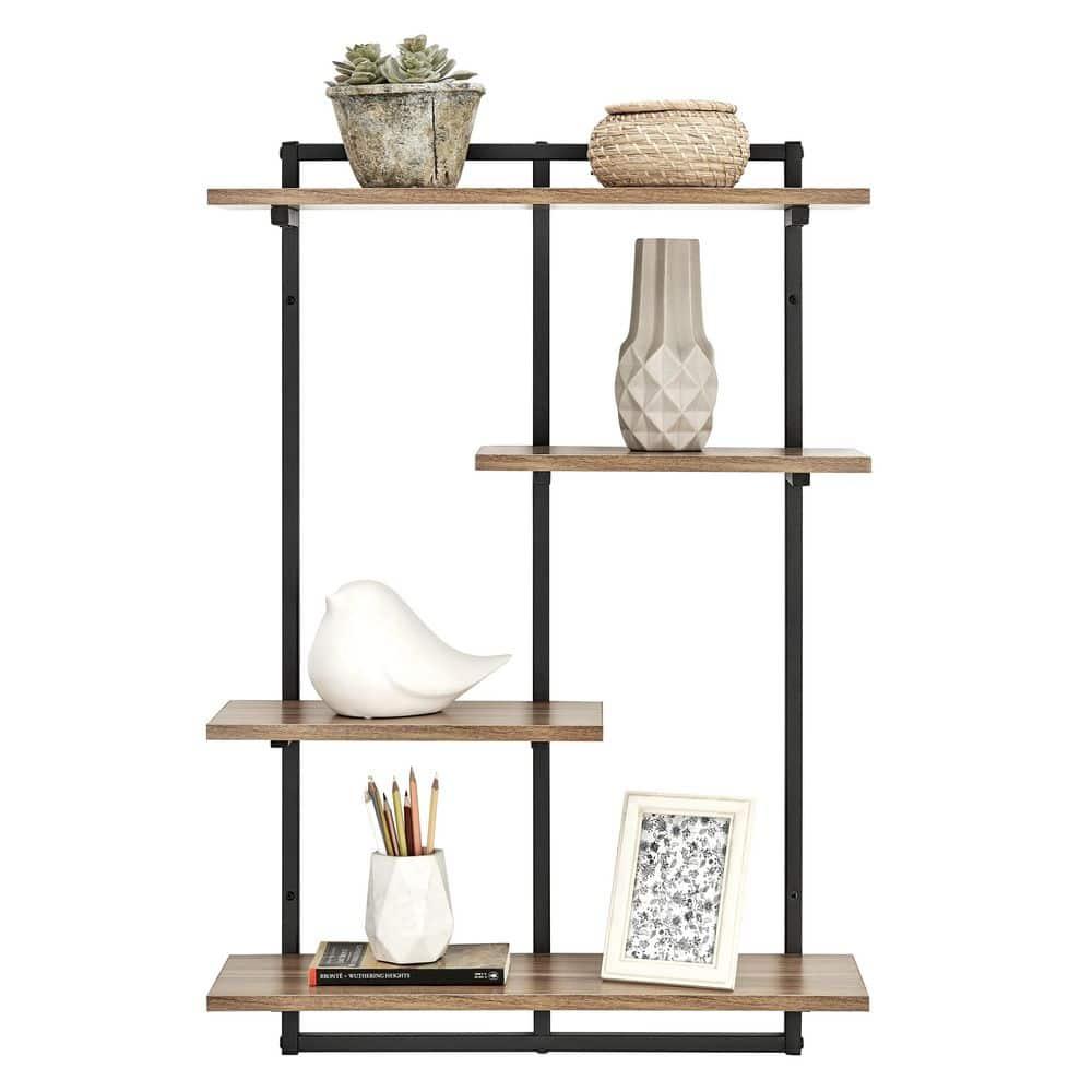 Danya B. 34.5" x 23.6" Rhodes 4 Tier Modern Floating Windowsill Wall Shelf Unit Black/Light Walnut: MDF & Iron, Open Design