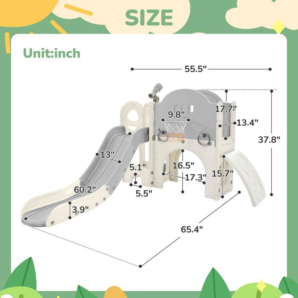 Gray and White 7-in-1 Freestanding Spaceship Playset with Slide, Telescope and Basketball Hoop