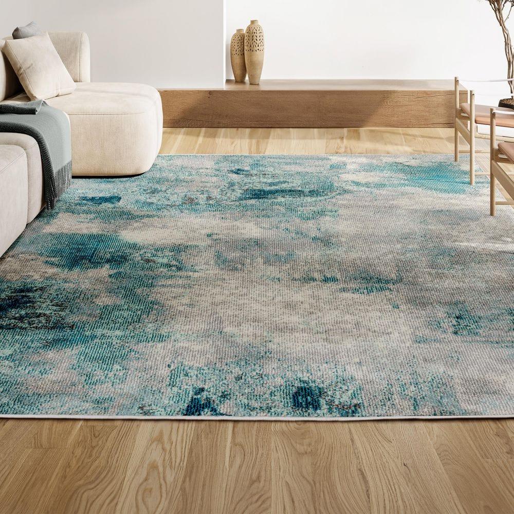 6'x 9' Contemporary POP Modern Abstract Vintage Area Rug, Cream/Blue - JONATHAN Y