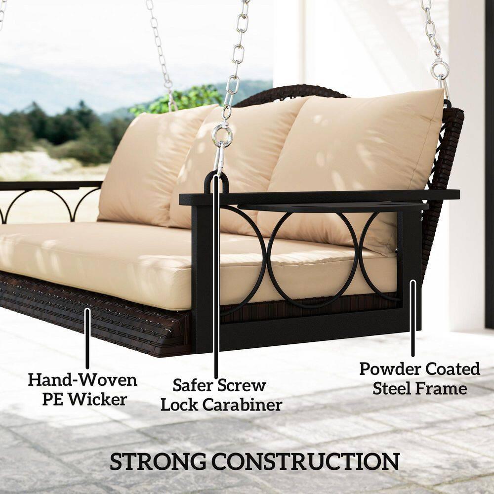 Outsunny 3 Person Outdoor Hanging Wicker Porch Swing Bench with Cup Holders, Cushions, and Chains, 800 LBS Capacity for Garden Backyard, Brown