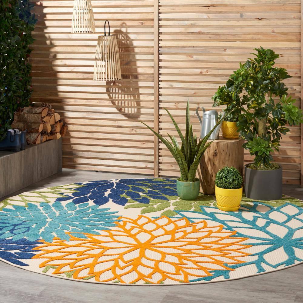 Nourison Aloha Floral Bloom Flatweave High-Low Indoor Outdoor Round Rug Multicolor 7'10" x 7'10"