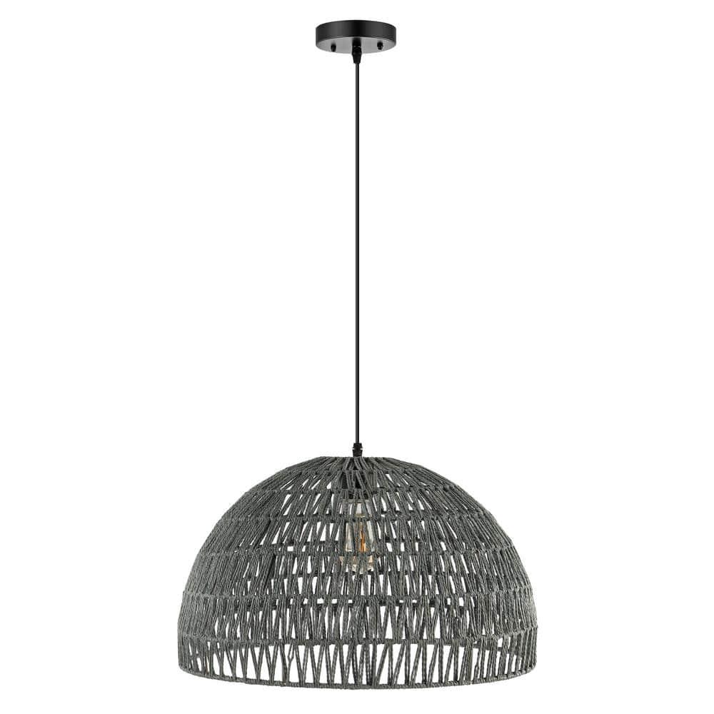Campana 20" 1-Light Bohemian Modern Woven Rope/Iron LED Pendant, Grey/Black