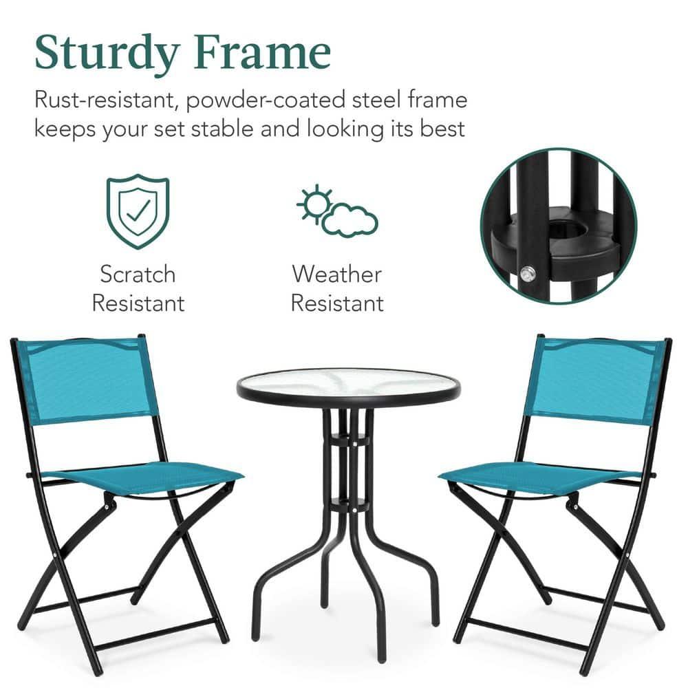 George Oliver 3-Piece Patio Bistro Dining Furniture Set W/ Glass Tabletop, Folding Chairs