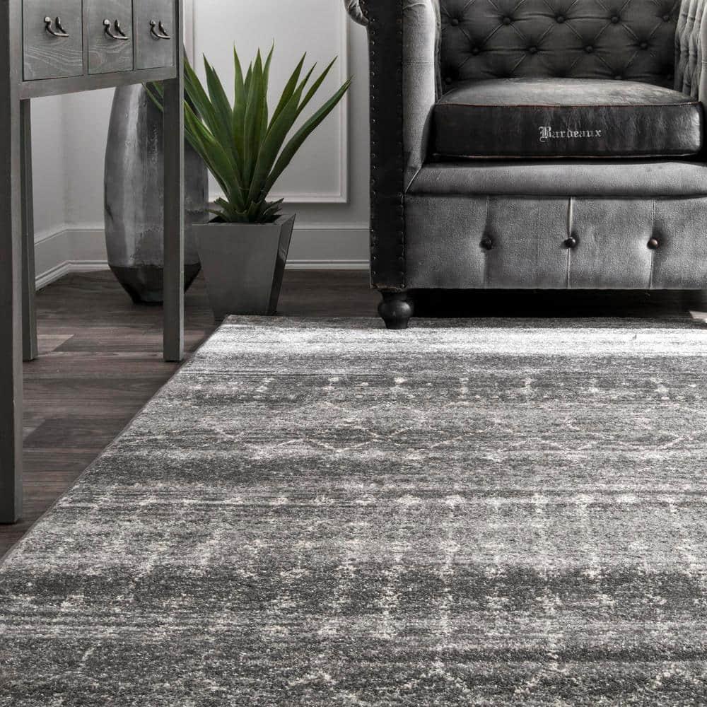 Dark Grey Geometric Synthetic Runner Rug, 34" x 7"