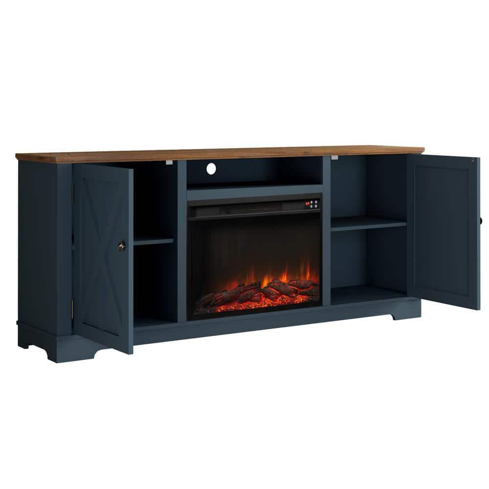Festivo 70" Farmhouse TV Stand for TVs up to 75" with Electric Fireplace Navy : Entertainment Center, Media Console