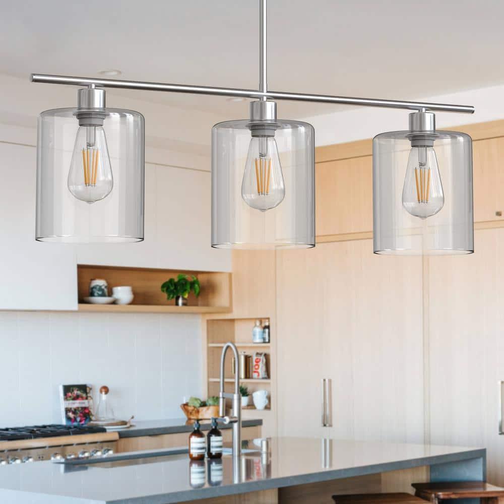 3-Light Pendant Lighting Clear Glass Pendant Lighting for Kitchen Island Brushed Nickel Hanging Light Fixture Pendant Light Dining Room Chandelier Farmhouse