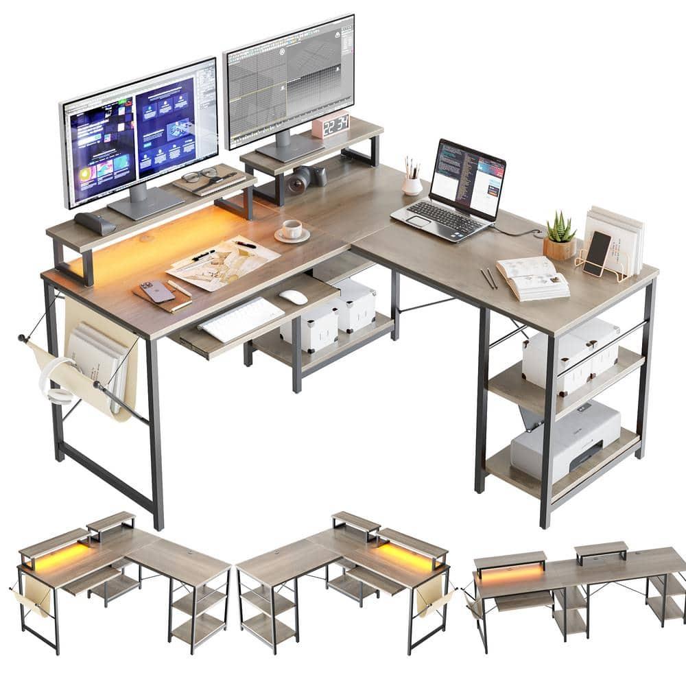 Bestier 59inch L Shaped Computer Desk with Keyboard Tray Grey