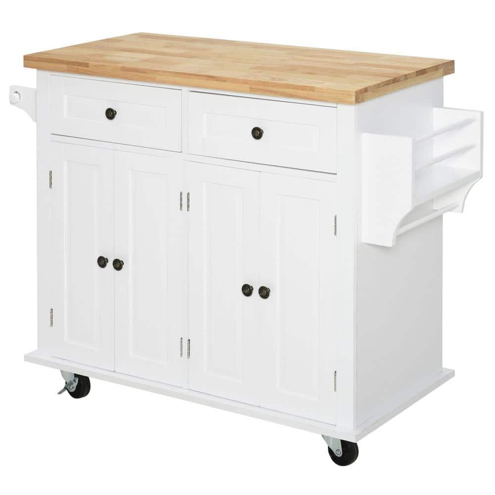 HOMCOM Kitchen Island on Wheels, Rolling Cart with Rubber Wood Top, Spice Rack, Towel Rack & Drawers for Dining Room, White