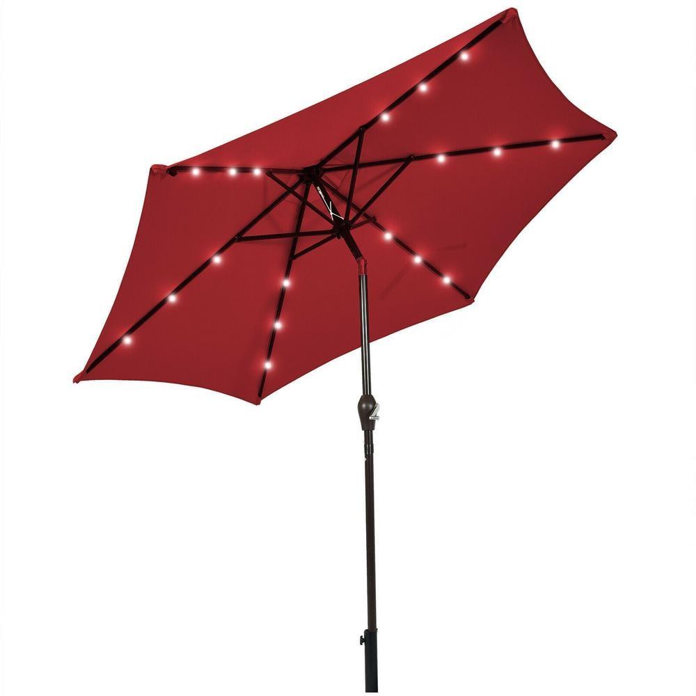 Kadyn Outdoor Patio Umbrella, Outdoor Market Table Umbrella, 9 Feet Solar LED Lighted Patio Market Umbrella Tilt Adjustment Crank Lift-Dark Red