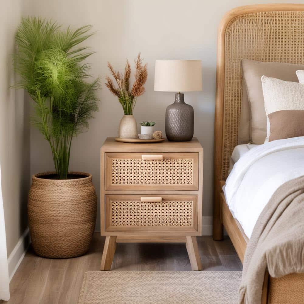 Baxton Studio Baden Mid-Century Modern Walnut Brown Finished Wood 2-Drawer End Table with Rattan