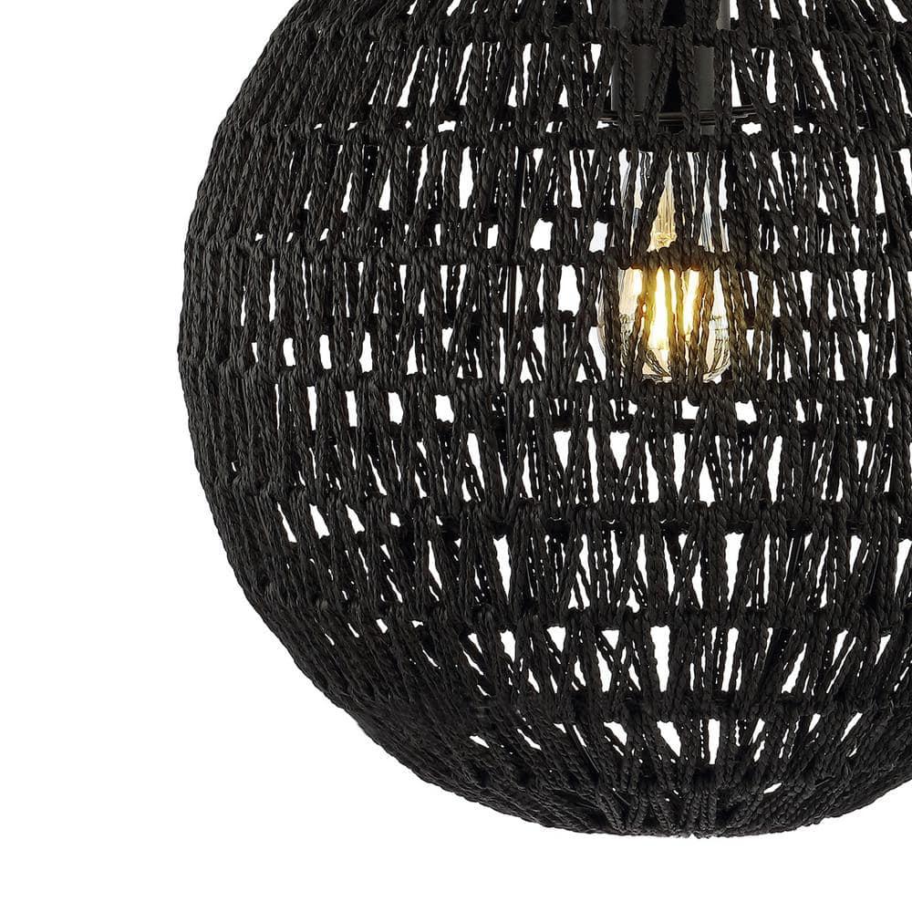 Luna 15.75" 1-Light Bohemian Modern Woven Rattan/Iron LED Pendant, Black